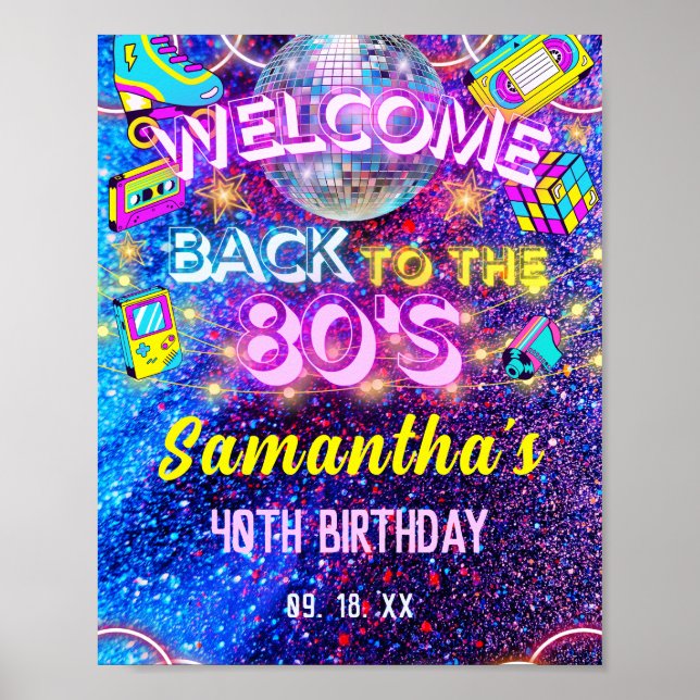 Pink Neon Glow Back To 80s Birthday Welcome Sign (Front)