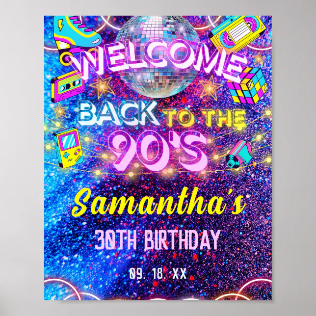 Pink Neon Glow Back To The 90s Birthday Welcome Poster | Zazzle