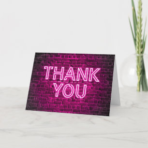 Pink Neon Glow Black Brick Wall Letterpress Thank You Card