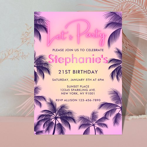 Pink Neon Glow Lets Party Palm Trees in Sunset Invitation