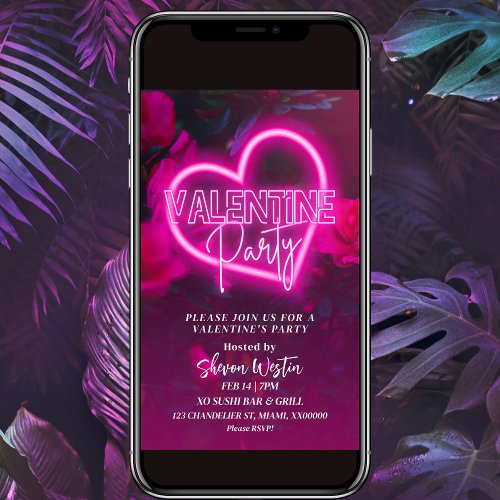 Pink Neon Heart Valentine Party Invitation