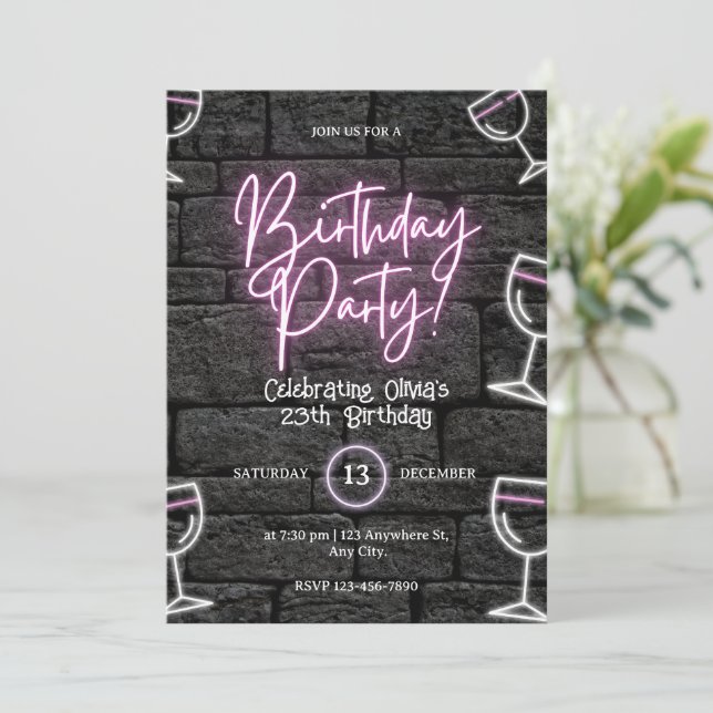Pink Neon Light Birthday for Women Invitation (Standing Front)