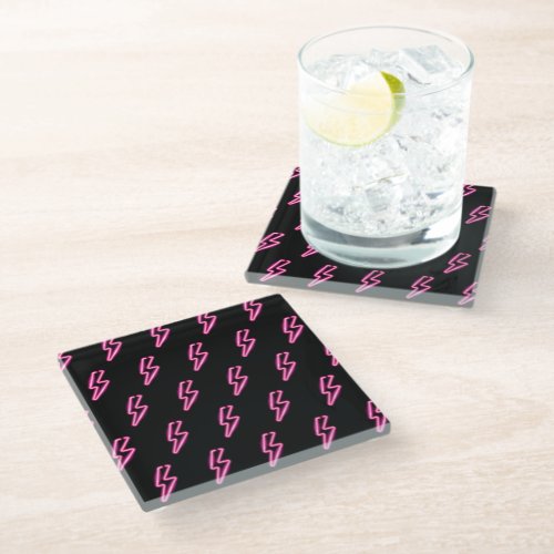 Pink Neon Lightning Bolt Pattern Glass Coaster