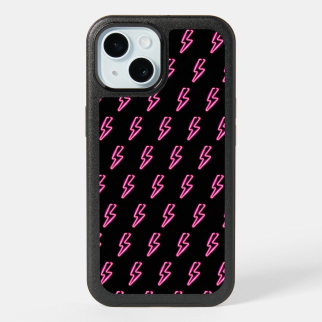 Pink Neon Lightning Bolt Pattern iPhone 15 Case (Back)
