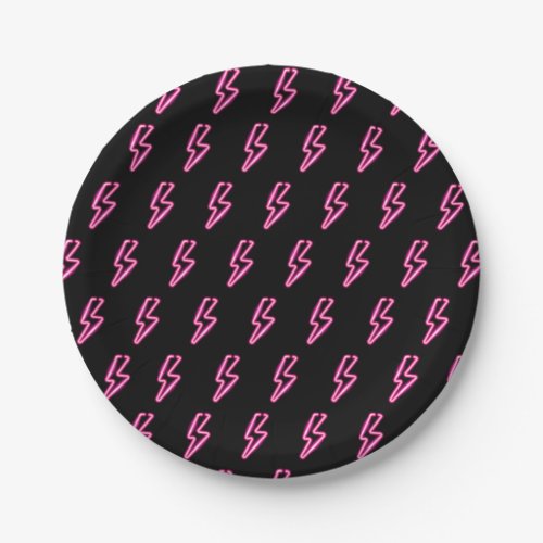 Pink Neon Lightning Bolt Pattern Paper Plates