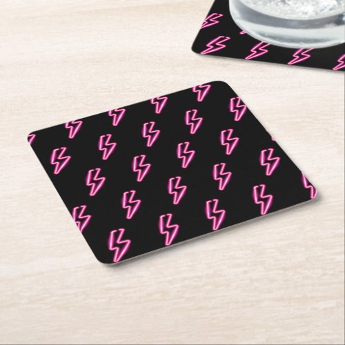 Pink Neon Lightning Bolt Pattern Square Paper Coaster