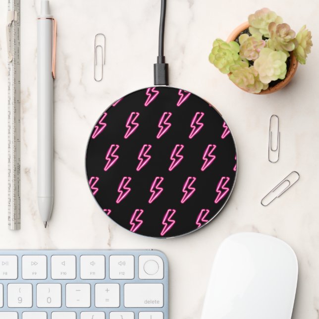 Pink Neon Lightning Bolt Pattern Wireless Charger (Desk)