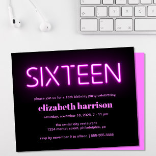 Pink Neon Lights 16th Birthday Party Invitation