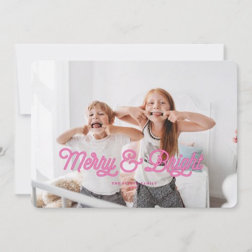 Pink Neon Merry  Bright Christmas Card