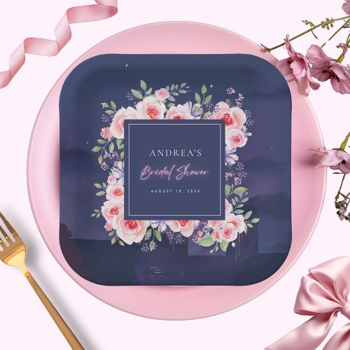 Pink Neon Night Sky  Purple Floral Bridal Shower  Paper Plates