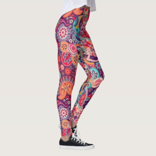 Pink neon Paisley floral pattern Leggings