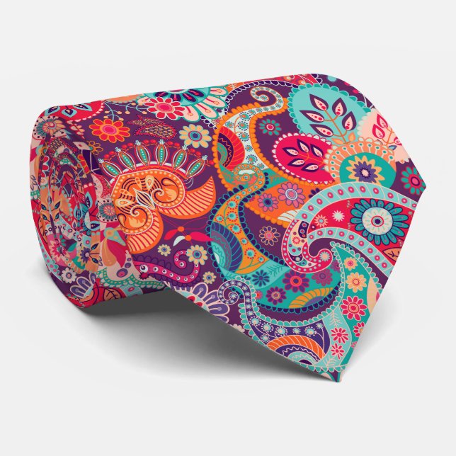 Pink neon Paisley floral pattern Neck Tie (Rolled)