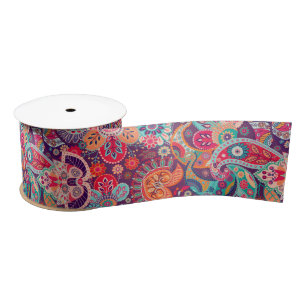 Pink neon Paisley floral pattern Satin Ribbon