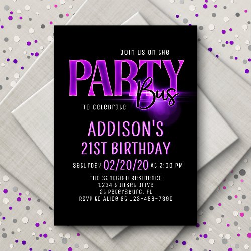 Pink Neon Party Bus Birthday Invitation