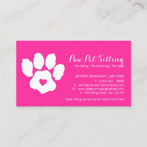 Pink Neon Pet Sitter Social Media Dog Cat Paw Business Card