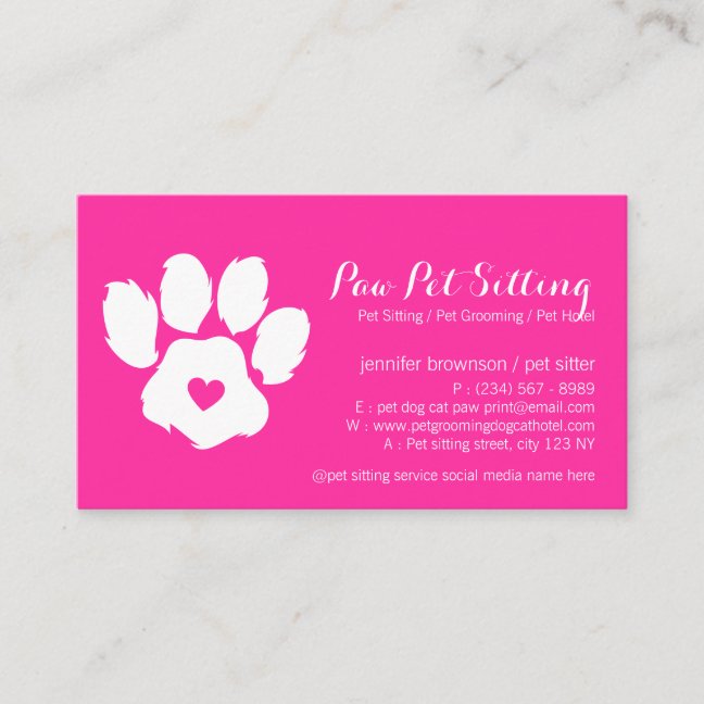 Pink Neon Pet Sitter Social Media Dog Cat Paw Business Card