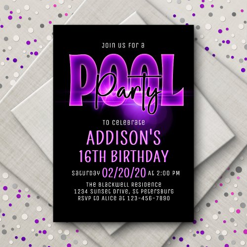 Pink Neon Pool Party Birthday Invitation