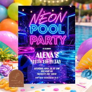 Pink Neon Pool Party Girl Teenager Invitation