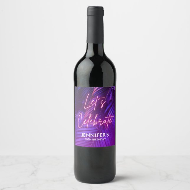 Pink Neon Purple Palm Leaf Wines Bottle Label (Front)