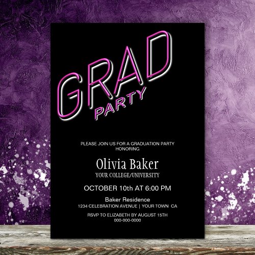 Pink Neon Sign Black Graduation Party Invitation