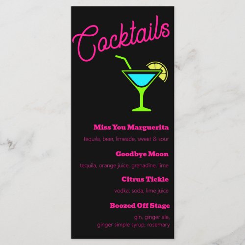 Pink Neon Sign Cocktails Menu