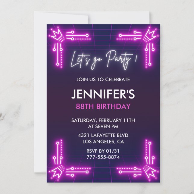 Pink Neon Simple 88th birthday invitations Girl  (Front)