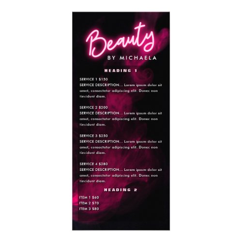 Pink Neon  Smoke Beauty Salon Price List Rack Card