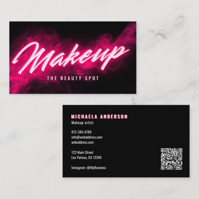 Pink Neon & Smoke Lash Tech QR Code & Socials Business Card (Front/Back)