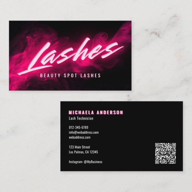 Pink Neon & Smoke Lash Tech QR Code & Socials Business Card (Front/Back)