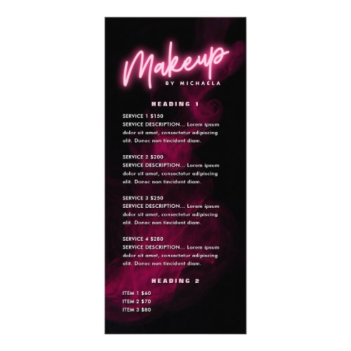 Pink Neon  Smoke Makeup ArtistSalon Price List Rack Card