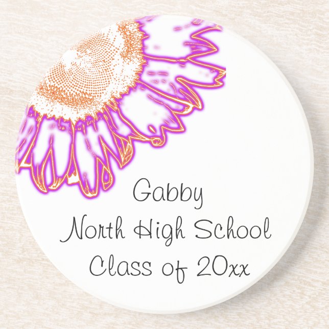 Pink Neon Sunflower Graduation Drink Coaster (Front)