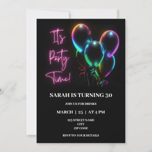 Pink neon themed birthday invitation