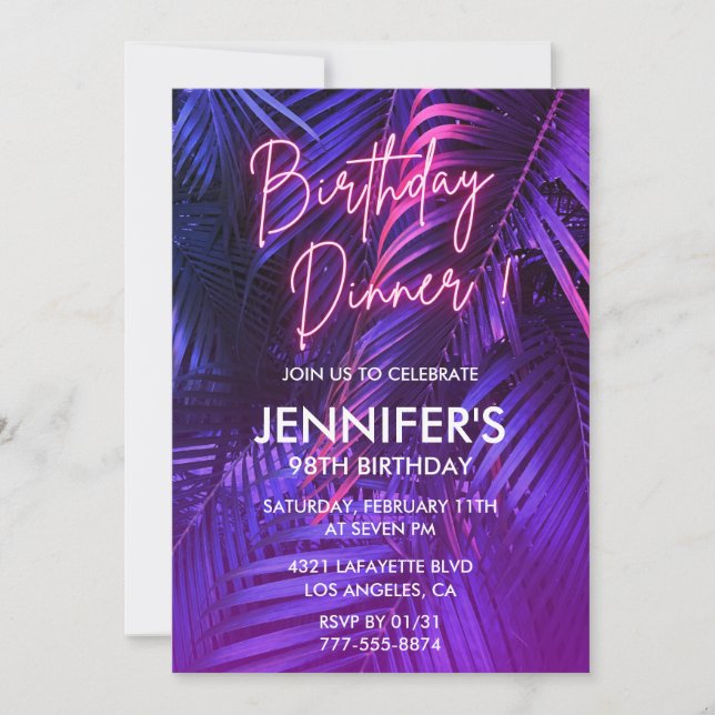 Pink Neon Tropical Dinner 98th birthday Invitation (Front)