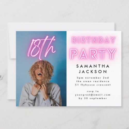 Pink Neon White Ombre 18TH Birthday Party Photo Invitation