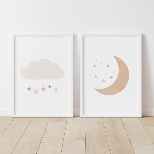 Pink Neutral Cloud and Moon Girl Nursery Decor Wall Art Sets