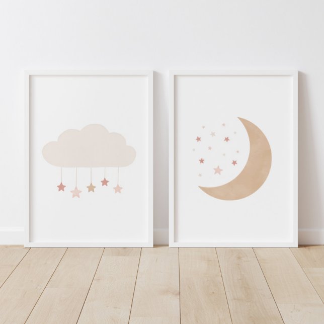 Pink Neutral Cloud and Moon Girl Nursery Decor Wall Art Sets (Creator Uploaded)