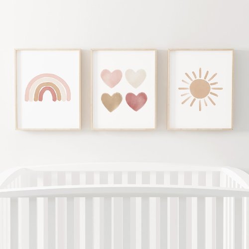 Pink Neutral Rainbow Hearts Sun Girl Nursery Wall Art Sets