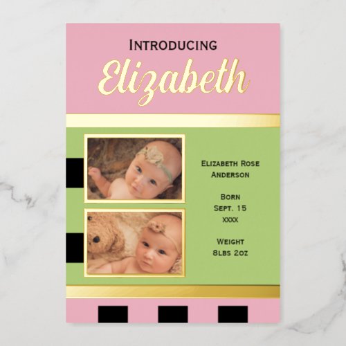 Pink new baby announcement gold foil flat card