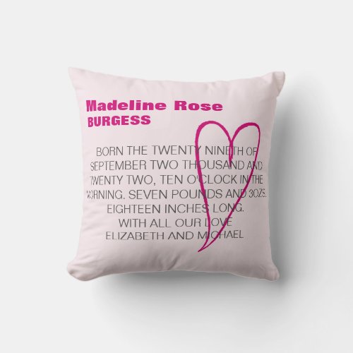 Pink New Baby Girl Birth Stats Throw Pillow