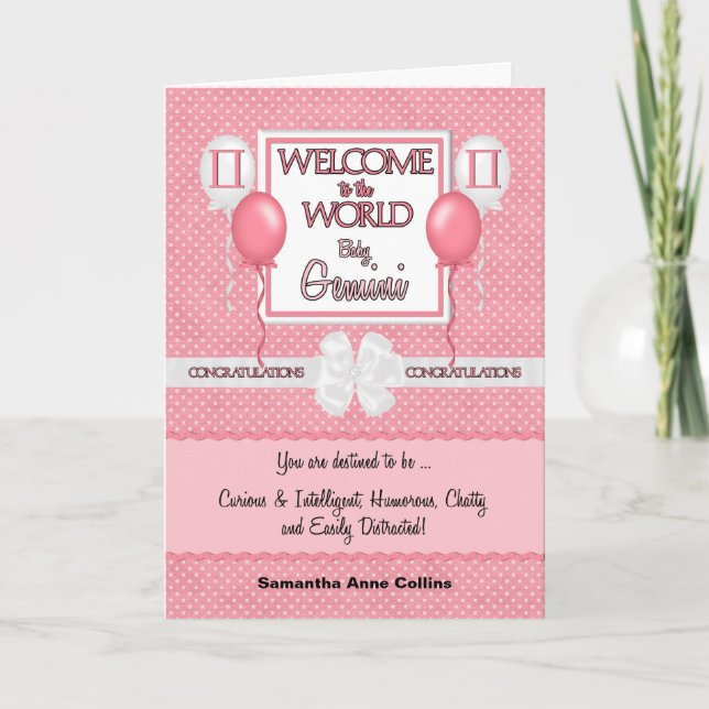 Pink New Baby Girl Gemini Congratulations Card (Front)
