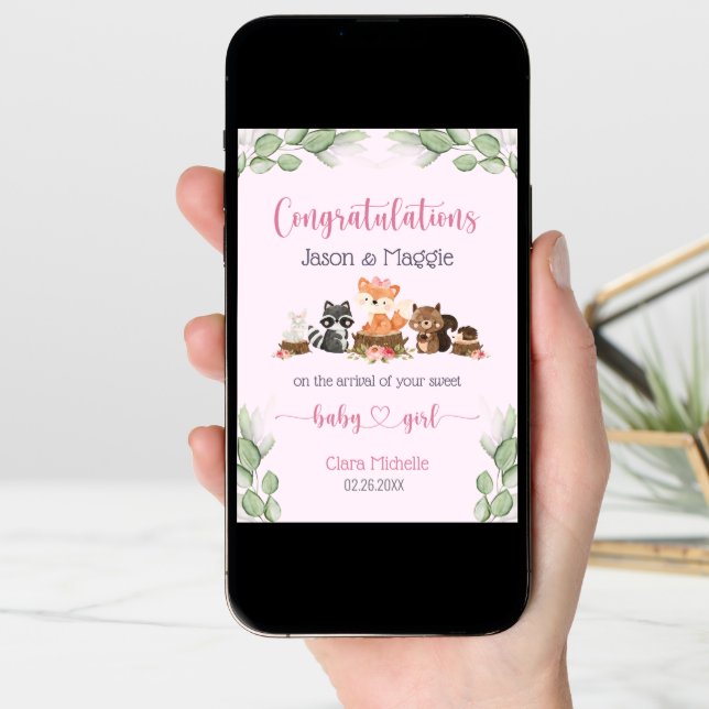 Pink New Baby Girl Personalized Congratulations  Card (Front Digital)