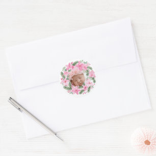 Pink New Baby Photo Christmas Girl Poinsettia Classic Round Sticker