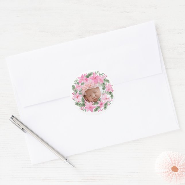 Pink New Baby Photo Christmas Girl Poinsettia Classic Round Sticker (Envelope)