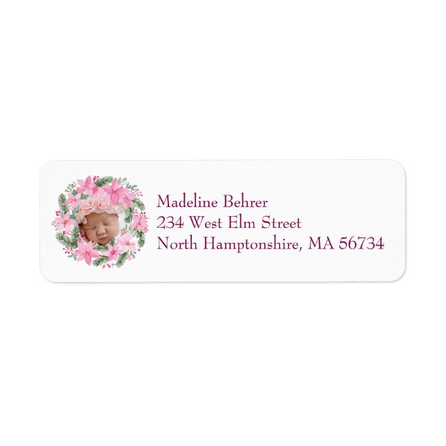 Pink New Baby Photo Christmas Girl Poinsettia Label (Front)