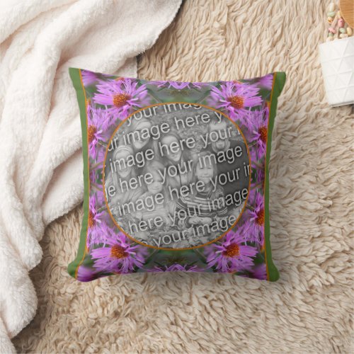 Pink New England Aster Flowers Add Your Photo Throw Pillow