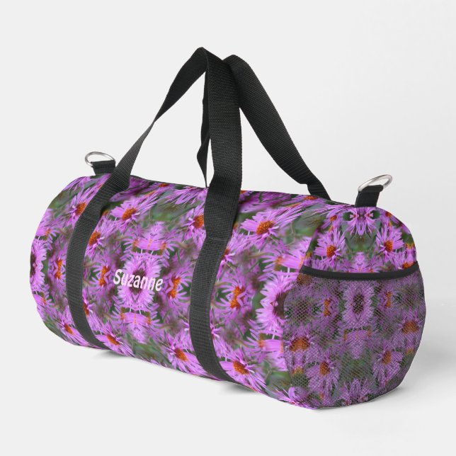 Pink New England Aster Flowers Personalized Duffle Bag (Right Corner)