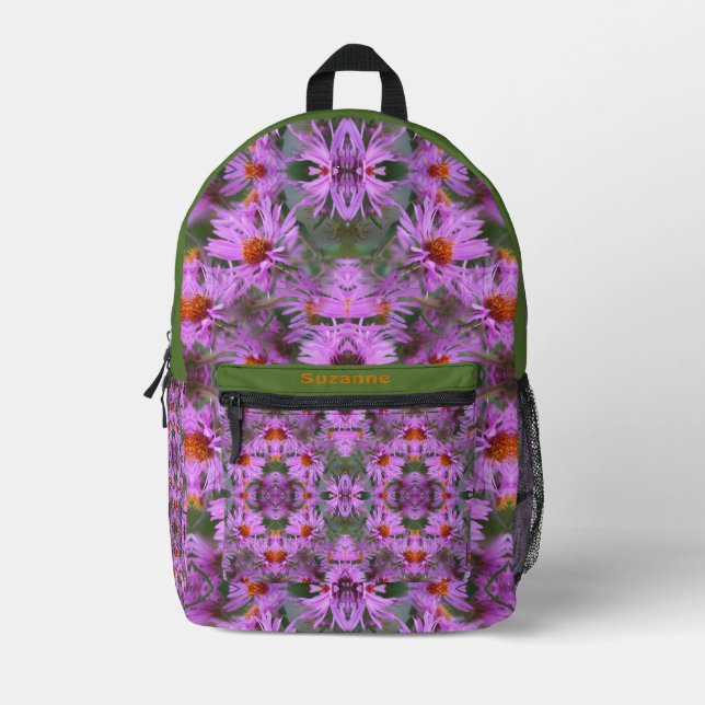 Pink New England Aster Flowers Personalized Printed Backpack (Front)