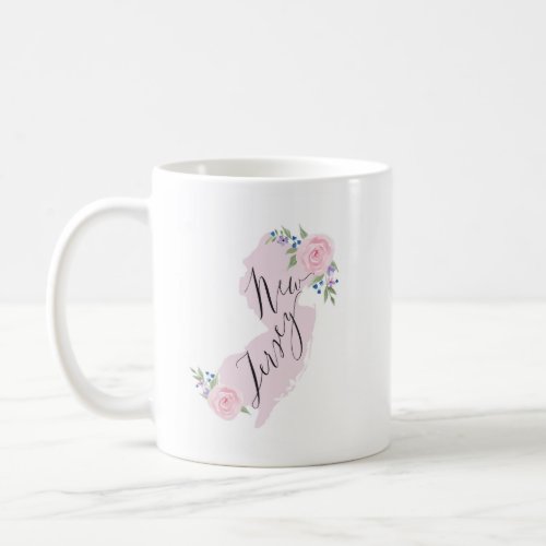 Pink New Jersey Watercolor Floral State Map  Coffee Mug