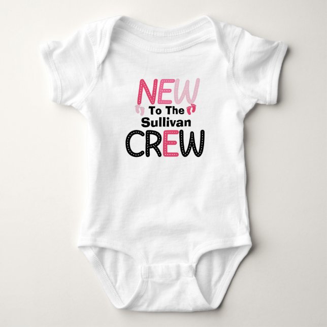 Pink New To The (Family Last Name) Crew Baby Bodysuit (Front)