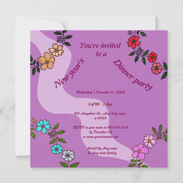 Pink New Year's dinner party with floral wreath Invitation (Front)